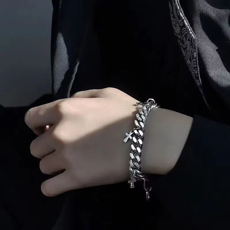 Men's geometric cross bracelet in titanium steel with minimalist design