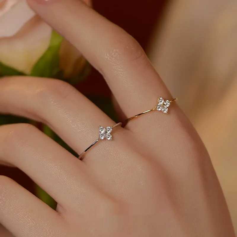 Gold plated diamond four-leaf clover ring for women, silver base, closed mouth setting, white gold colour