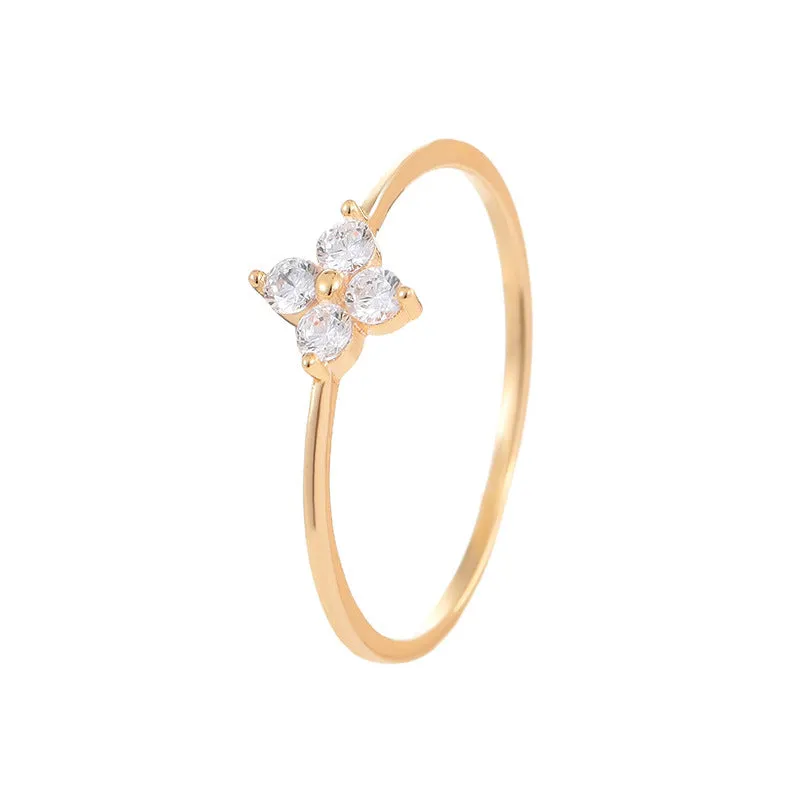 Gold plated diamond four-leaf clover ring for women, silver base, closed mouth setting, white gold colour