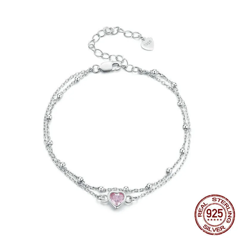 Sweet girlish 925 sterling silver bracelet with heart-shaped pendant on adjustable chain