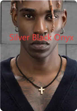 Men's retro hip-hop beaded necklace with black agate and pearl beads, metal lock pendant, on a white background