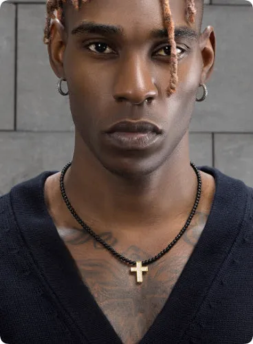 Men's retro hip-hop beaded necklace with black agate and pearl beads, metal lock pendant, on a white background