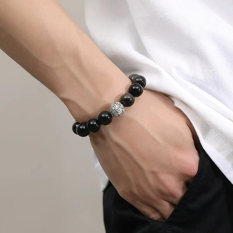12mm obsidian geometry bead bracelet for men with Fu character and sterling silver accents