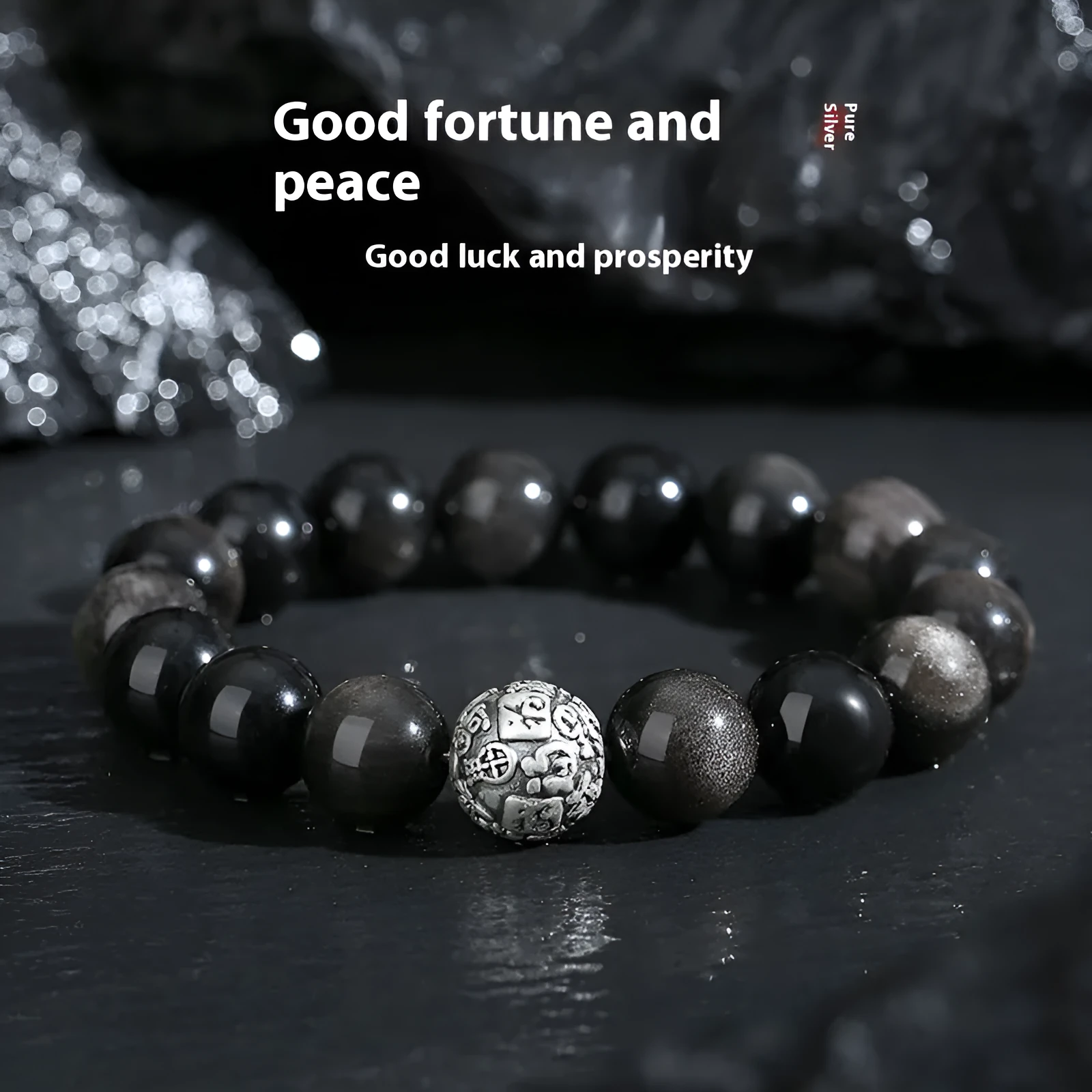 12mm obsidian geometry bead bracelet for men with Fu character and sterling silver accents