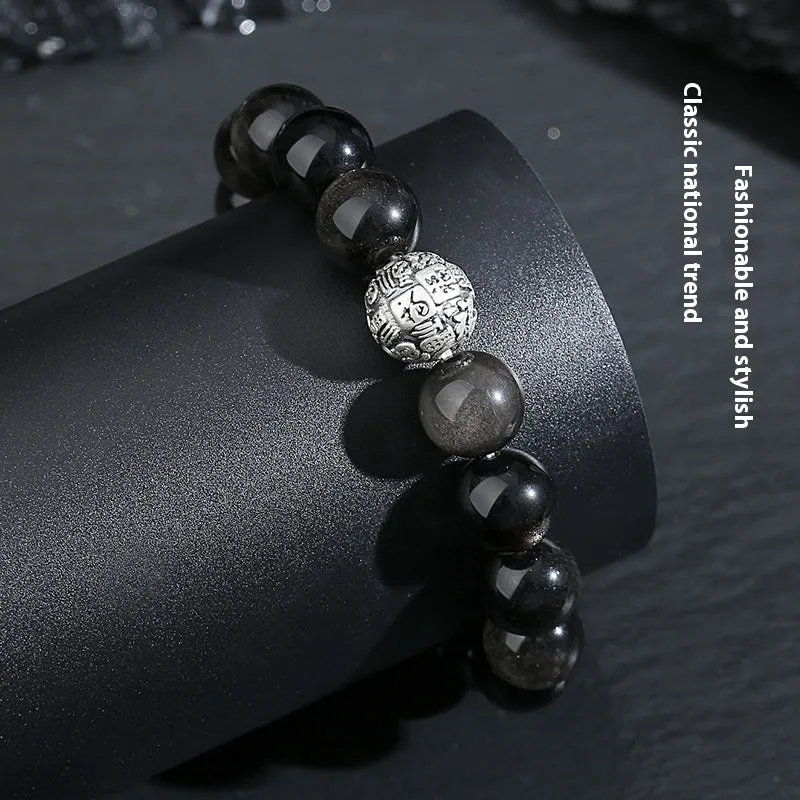 12mm obsidian geometry bead bracelet for men with Fu character and sterling silver accents