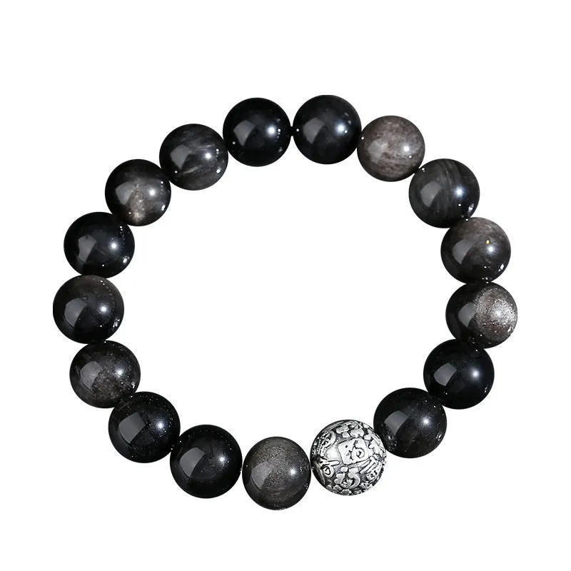 12mm obsidian geometry bead bracelet for men with Fu character and sterling silver accents