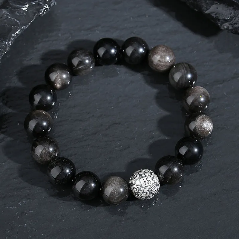 12mm obsidian geometry bead bracelet for men with Fu character and sterling silver accents