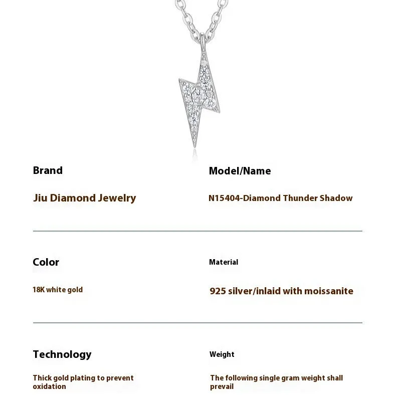 S925 Sterling Silver moissanite necklace with lightning pendant and cross chain on white background