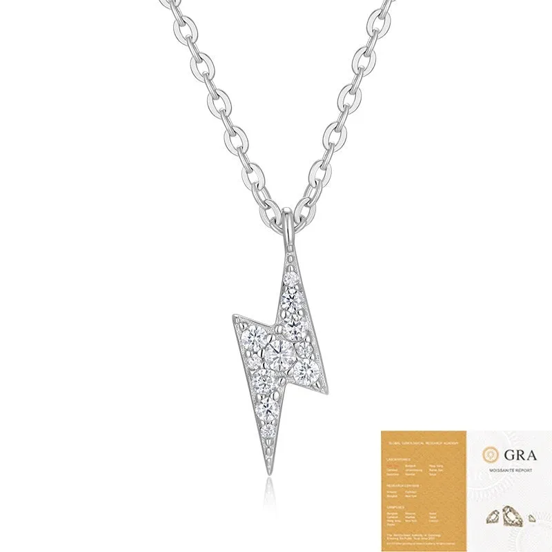 S925 Sterling Silver moissanite necklace with lightning pendant and cross chain on white background