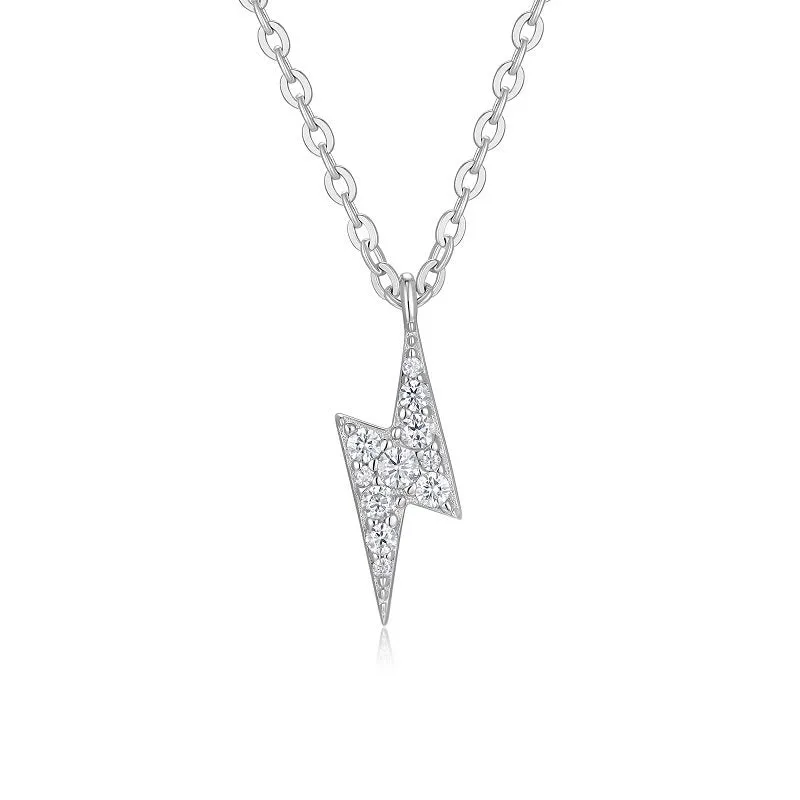 S925 Sterling Silver moissanite necklace with lightning pendant and cross chain on white background