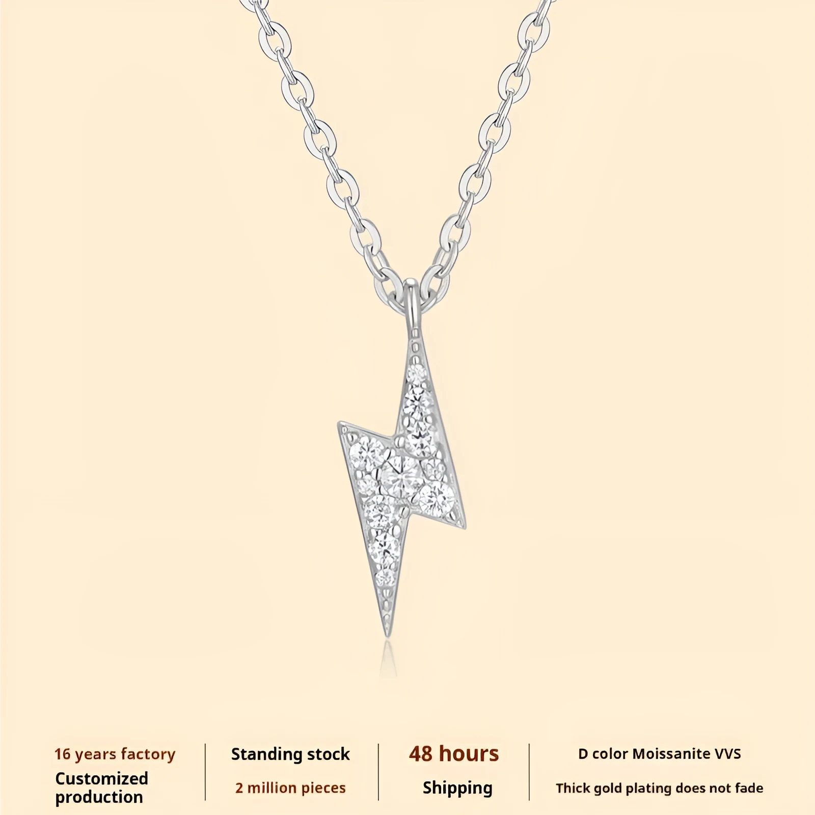 S925 Sterling Silver moissanite necklace with lightning pendant and cross chain on white background