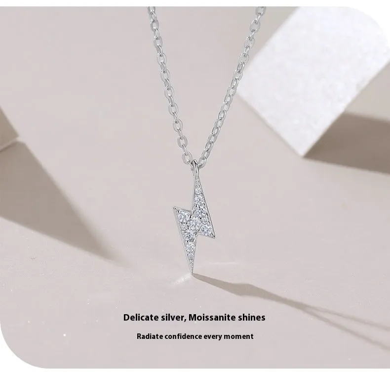 S925 Sterling Silver moissanite necklace with lightning pendant and cross chain on white background