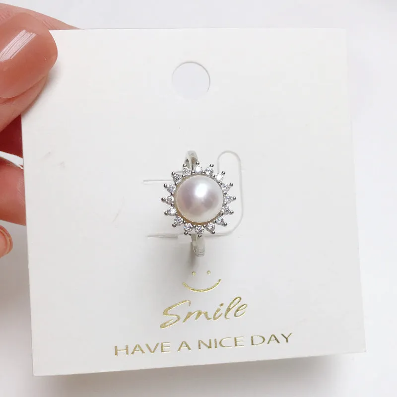 Round natural freshwater pearl ring with round zircon accents in gold copper plating finish