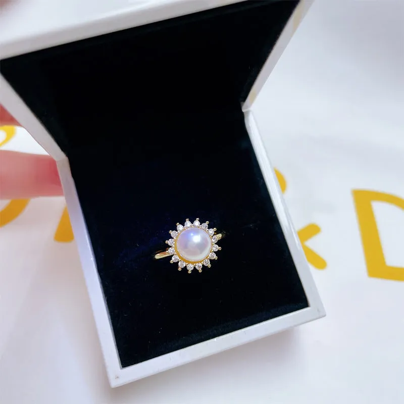 Round natural freshwater pearl ring with round zircon accents in gold copper plating finish