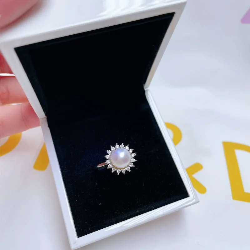 Round natural freshwater pearl ring with round zircon accents in gold copper plating finish