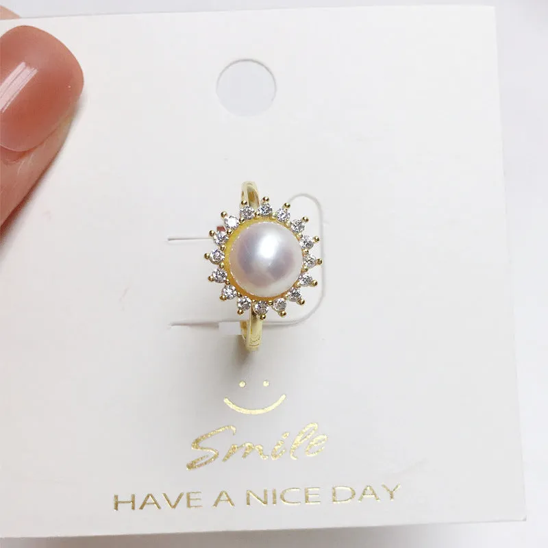 Round natural freshwater pearl ring with round zircon accents in gold copper plating finish