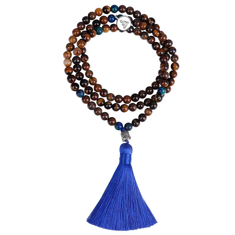 Handmade tiger eye stone bead necklace with Buddha head pendant and tassel on women model