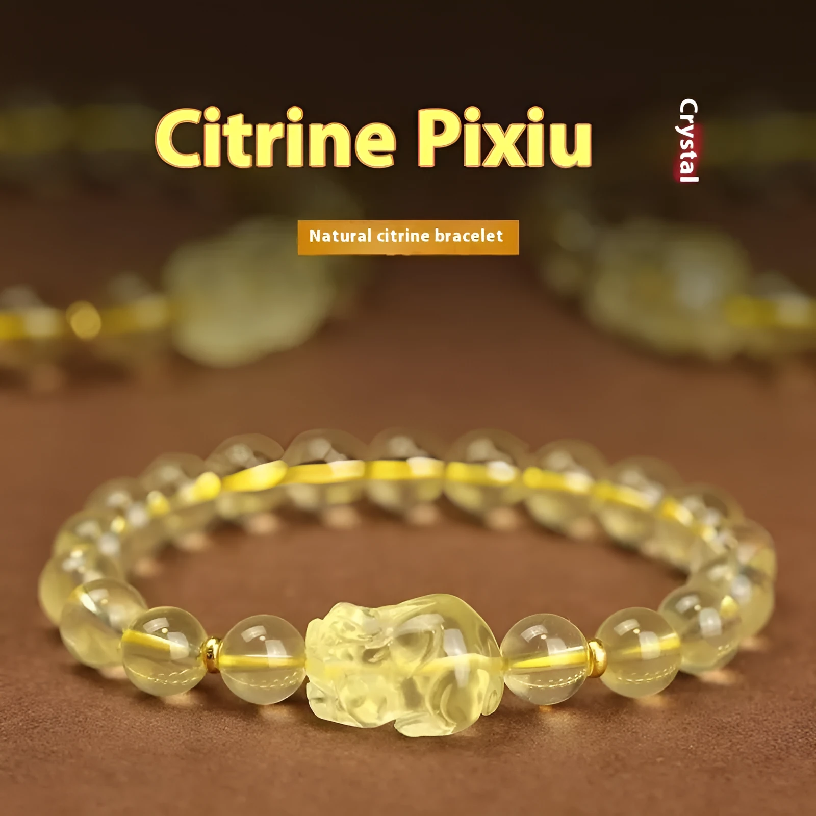 Yellow leather Pi Xiu bracelet with artificial crystal beads in Chinese simple style