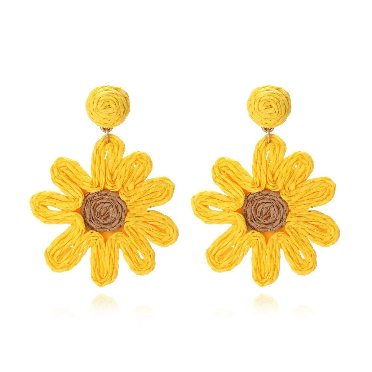 Handmade silver needle earrings for women, flower shape with rhinestones, bohemian pastoral style, available in beige pink and yellow
