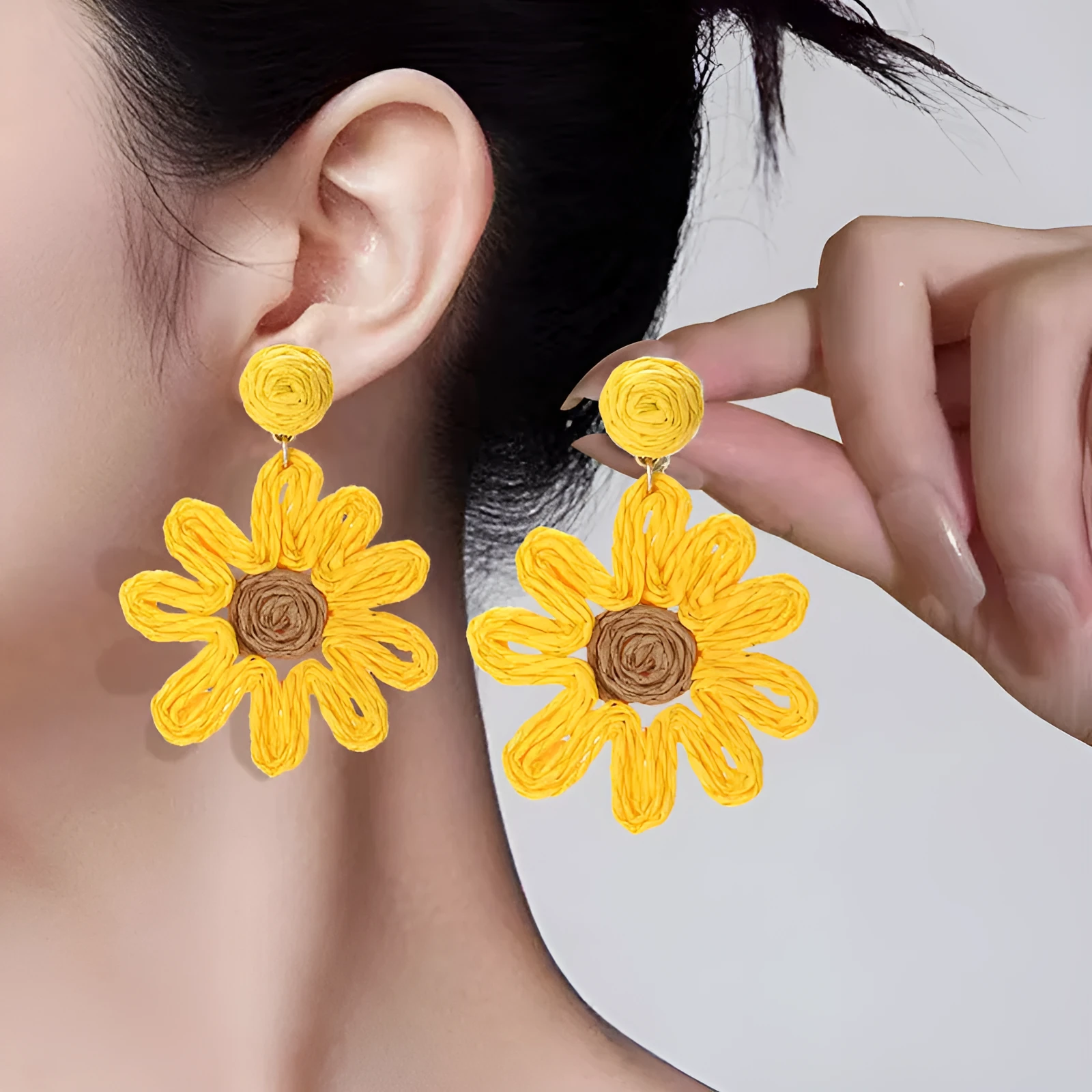 Handmade silver needle earrings for women, flower shape with rhinestones, bohemian pastoral style, available in beige pink and yellow