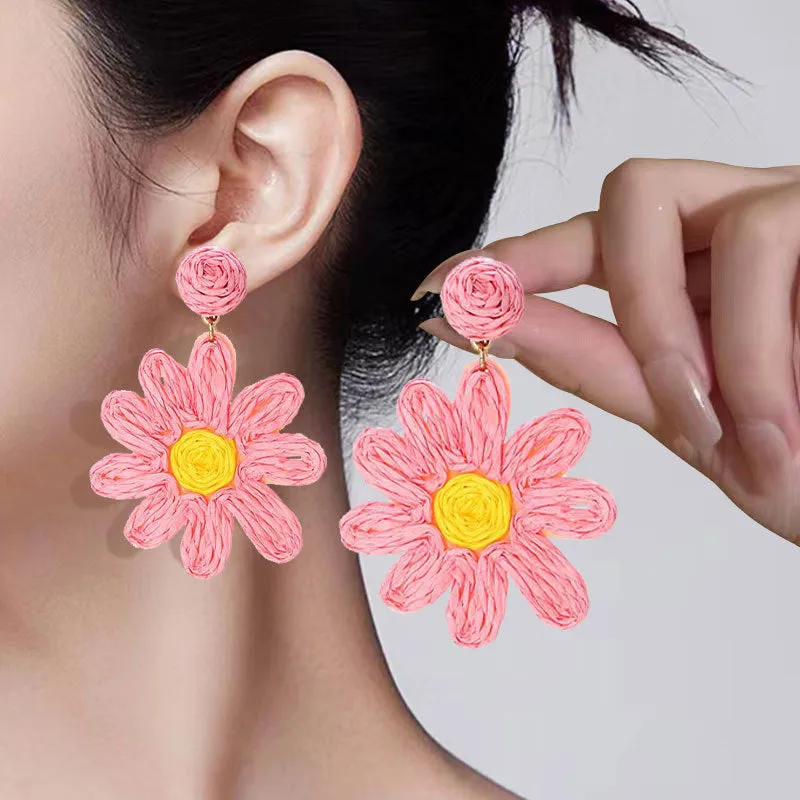 Handmade silver needle earrings for women, flower shape with rhinestones, bohemian pastoral style, available in beige pink and yellow