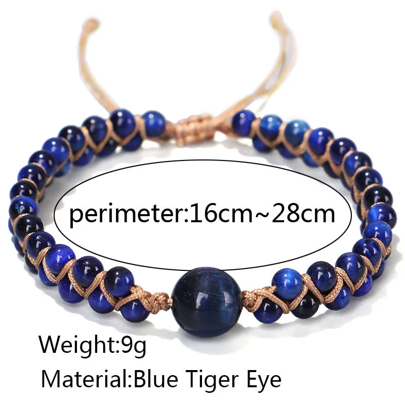 Handmade woven geometric pull bracelet in blue Tigereye or purple Amethyst stone beads on wrist