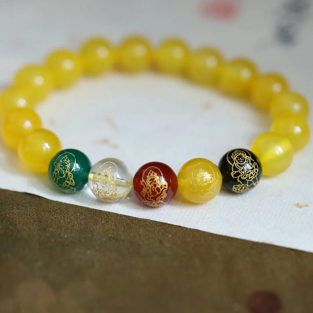 Agate Five Gods Of Wealth bracelet with 10mm round carved lettering beads in Chinese style