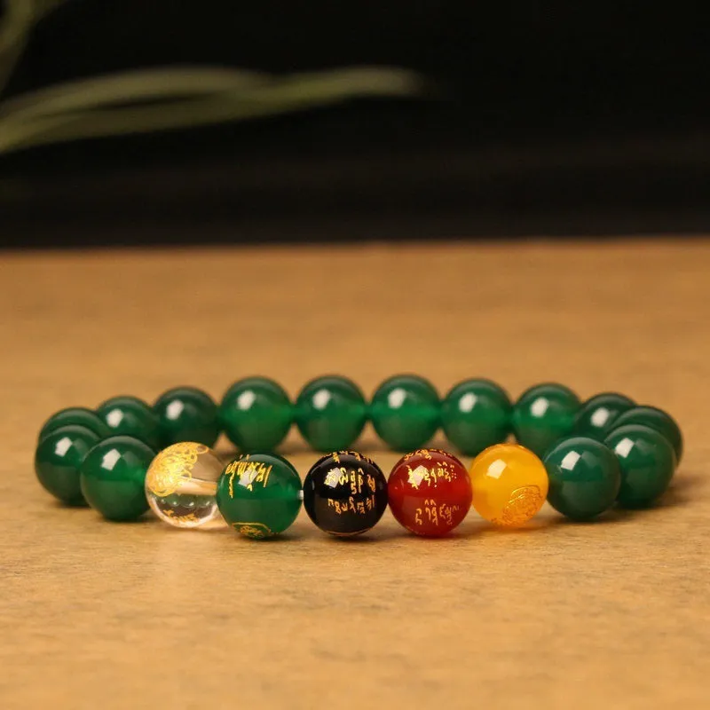 Agate Five Gods Of Wealth bracelet with 10mm round carved lettering beads in Chinese style
