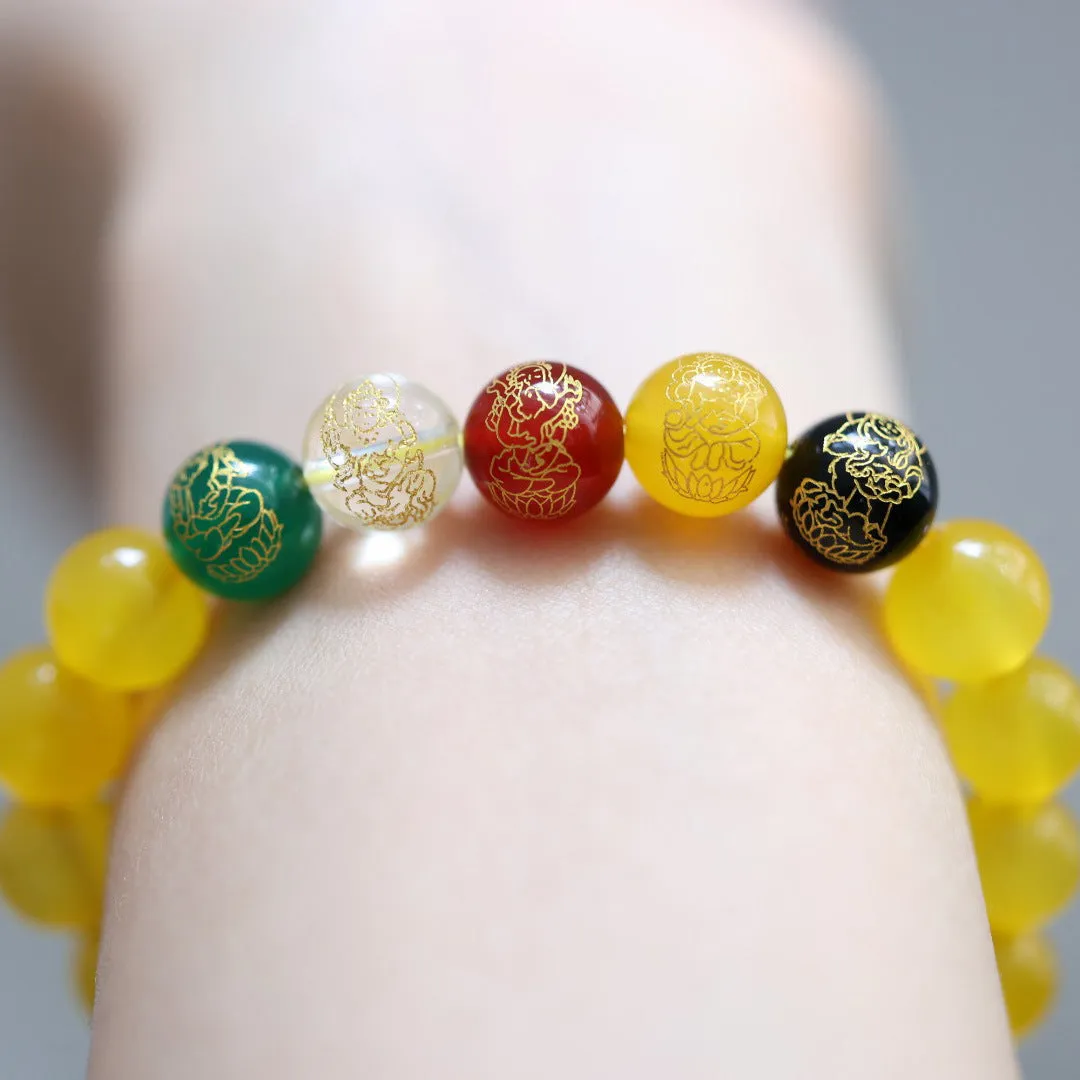 Agate Five Gods Of Wealth bracelet with 10mm round carved lettering beads in Chinese style