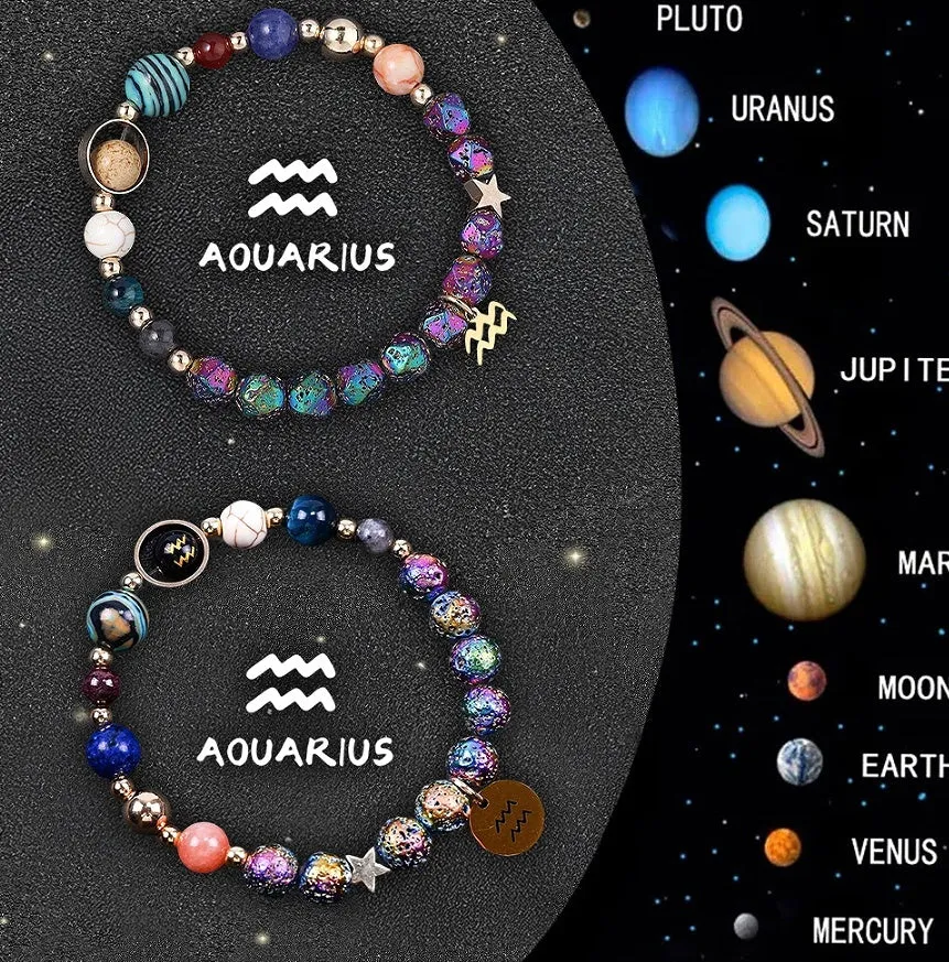 Set of two natural stone beaded bracelets showing zodiac sign designs on a stretch elastic cord.