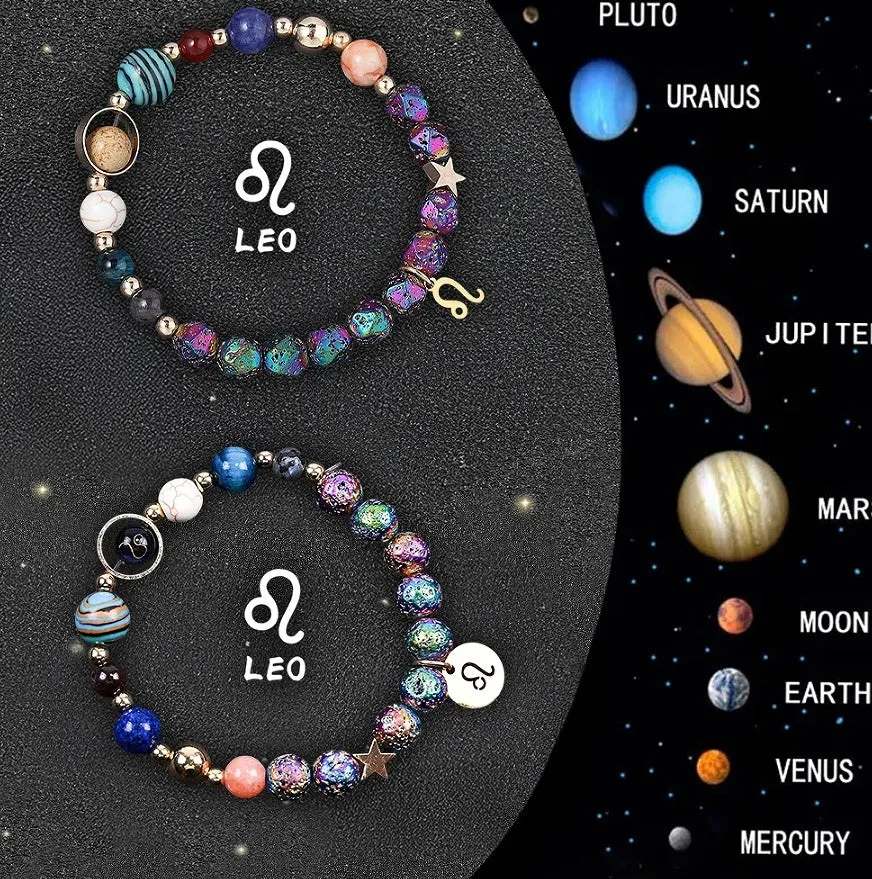Set of two natural stone beaded bracelets showing zodiac sign designs on a stretch elastic cord.