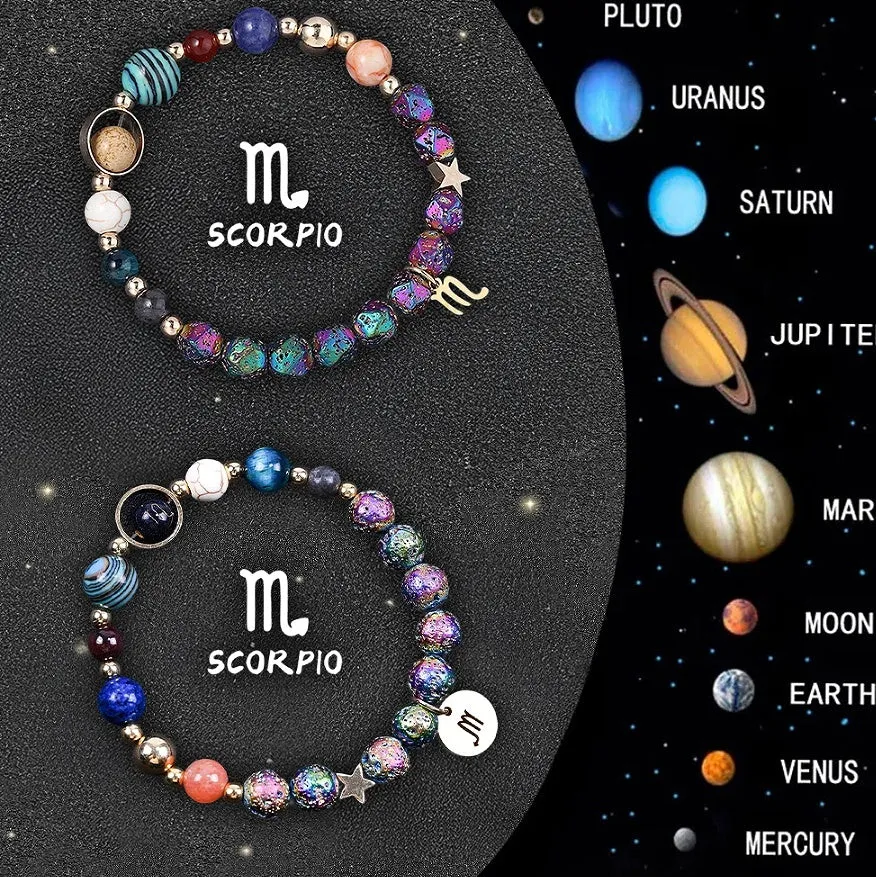 Set of two natural stone beaded bracelets showing zodiac sign designs on a stretch elastic cord.