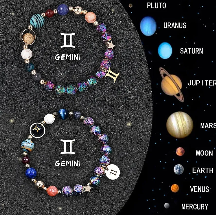 Set of two natural stone beaded bracelets showing zodiac sign designs on a stretch elastic cord.