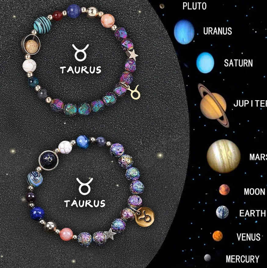 Set of two natural stone beaded bracelets showing zodiac sign designs on a stretch elastic cord.