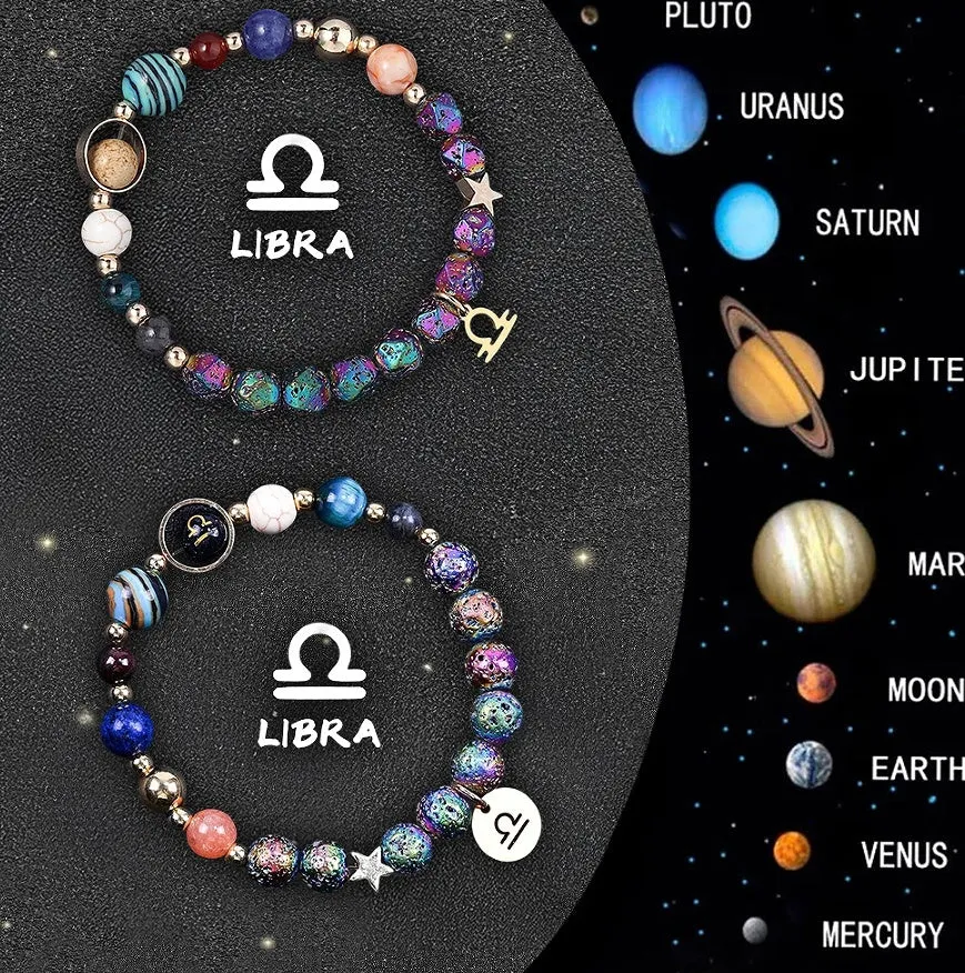Set of two natural stone beaded bracelets showing zodiac sign designs on a stretch elastic cord.