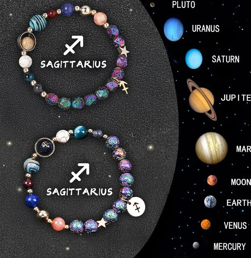 Set of two natural stone beaded bracelets showing zodiac sign designs on a stretch elastic cord.