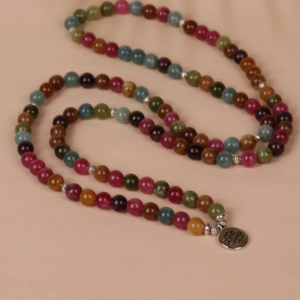 108 bead lotus multi-layer bracelet with tourmaline colour alloy construction and hanging charm