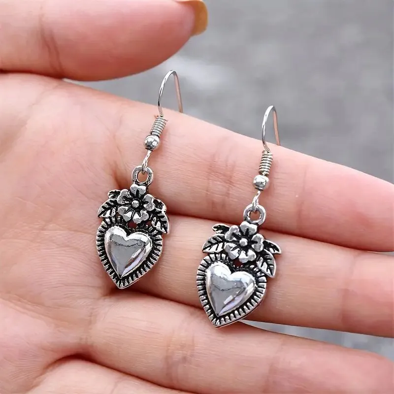 Vintage tarnish black alloy geometric flower earrings for women simple style