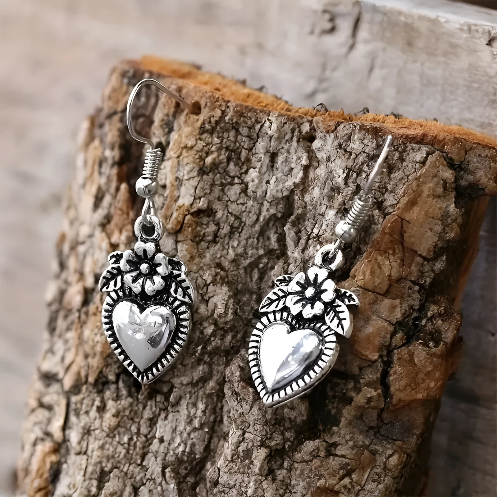 Vintage tarnish black alloy geometric flower earrings for women simple style
