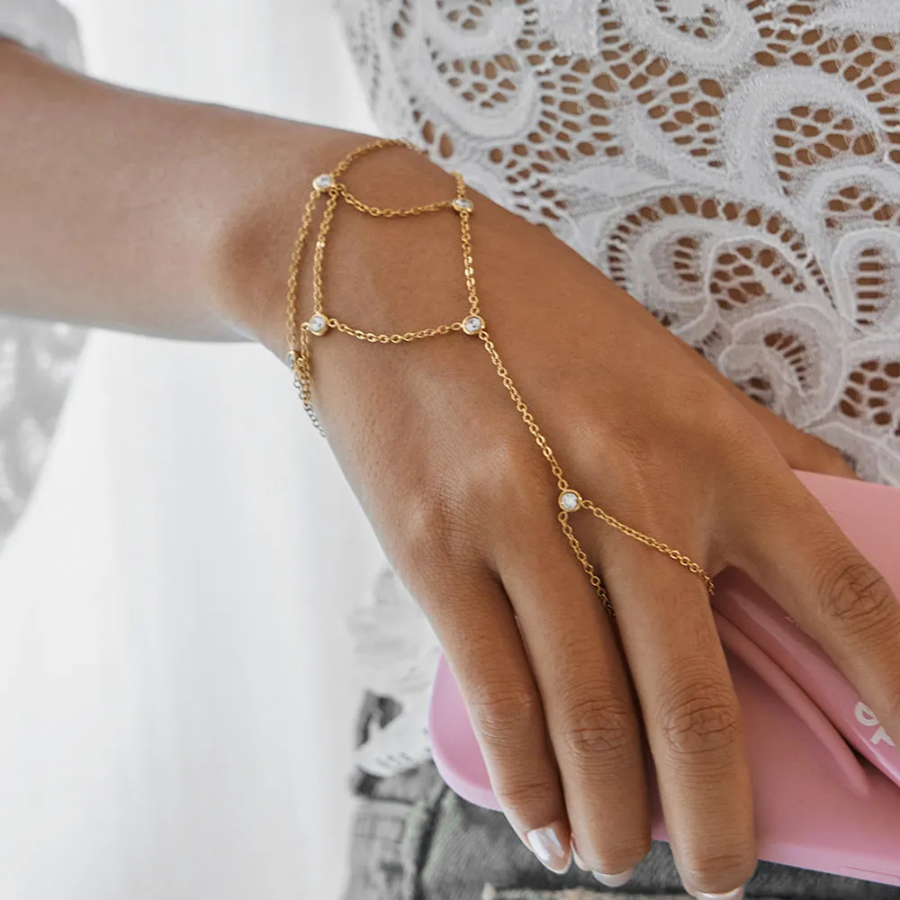 Zircon mitten-type bracelet with tassel, light luxury, stainless steel, round geometry for women.