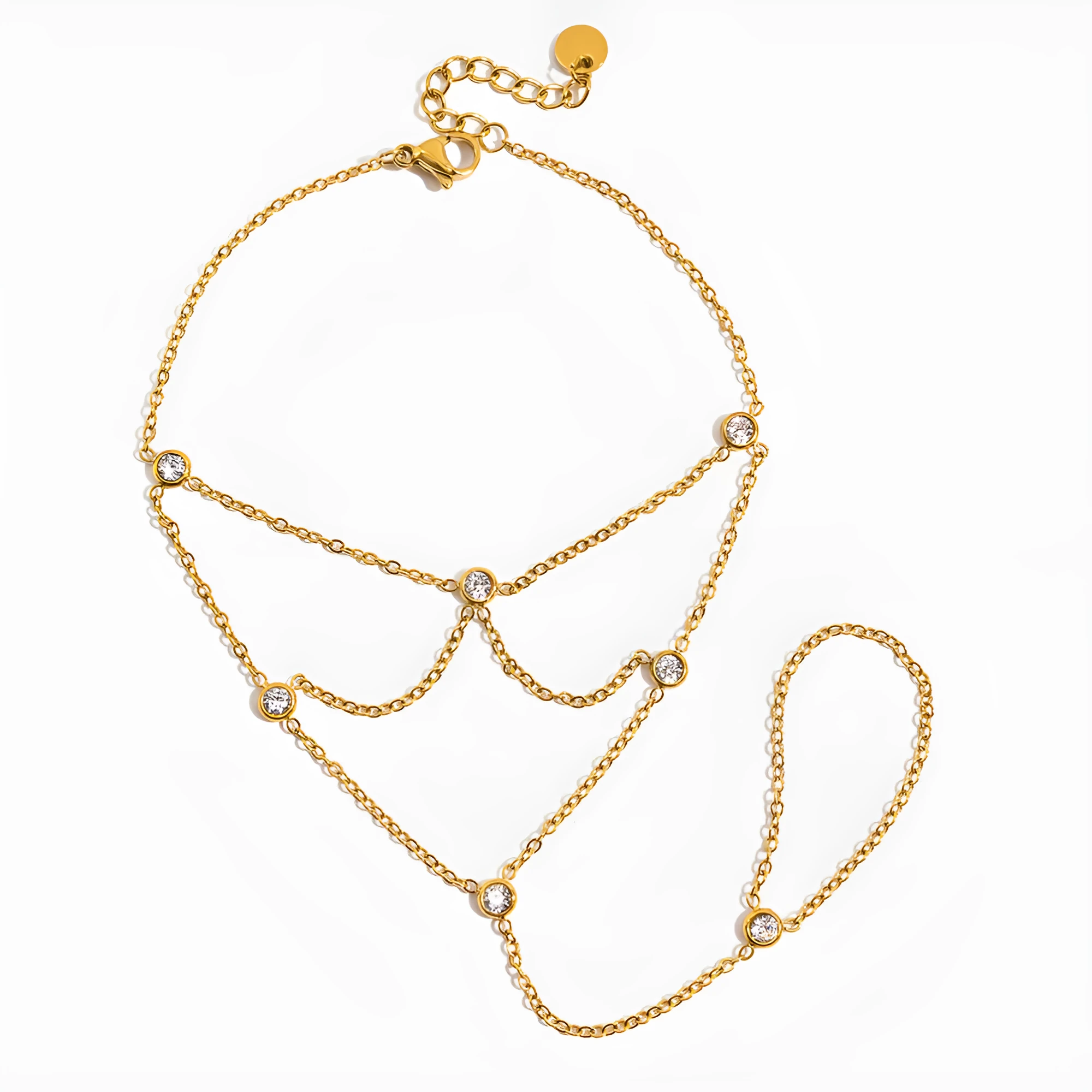 Zircon mitten-type bracelet with tassel, light luxury, stainless steel, round geometry for women.