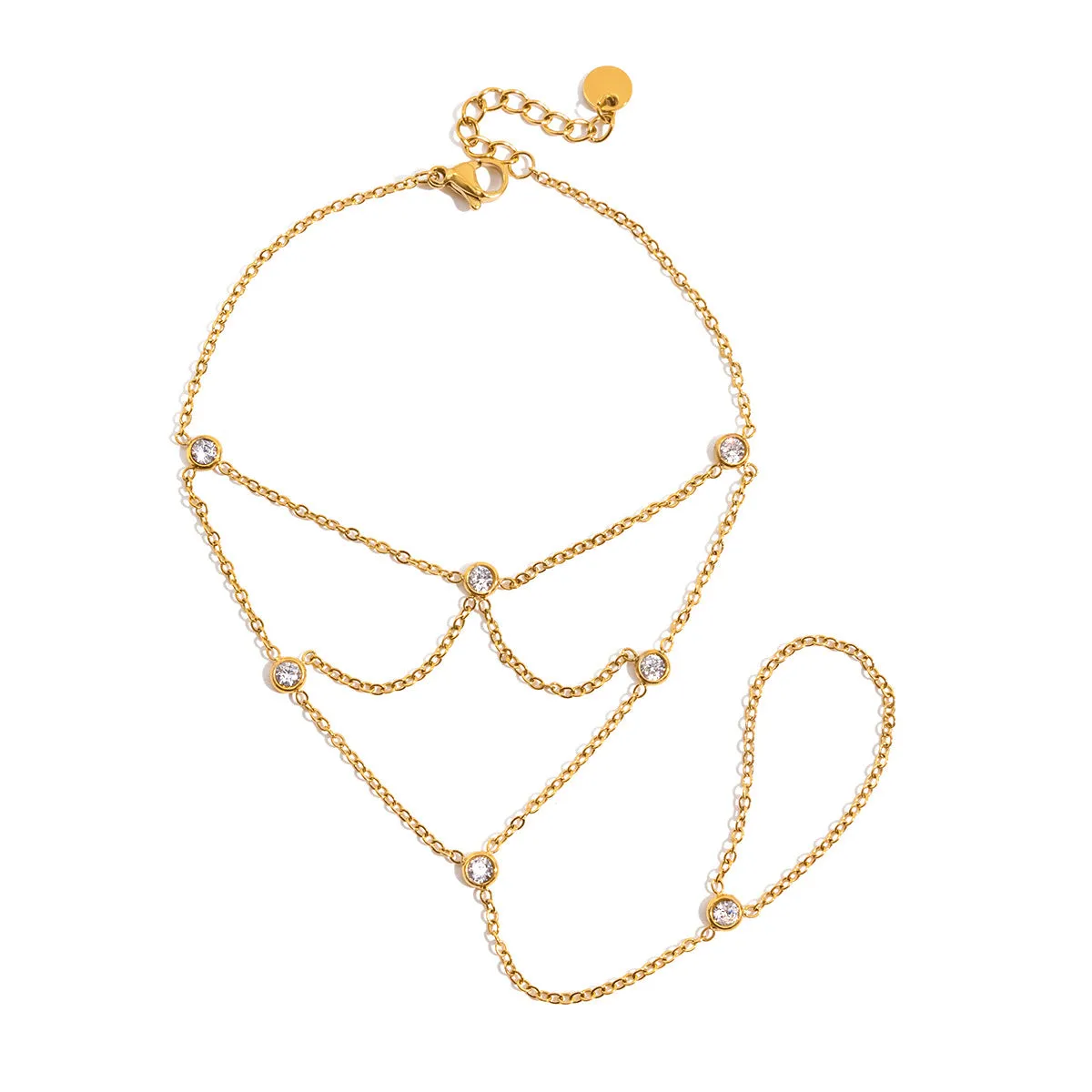 Zircon mitten-type bracelet with tassel, light luxury, stainless steel, round geometry for women.