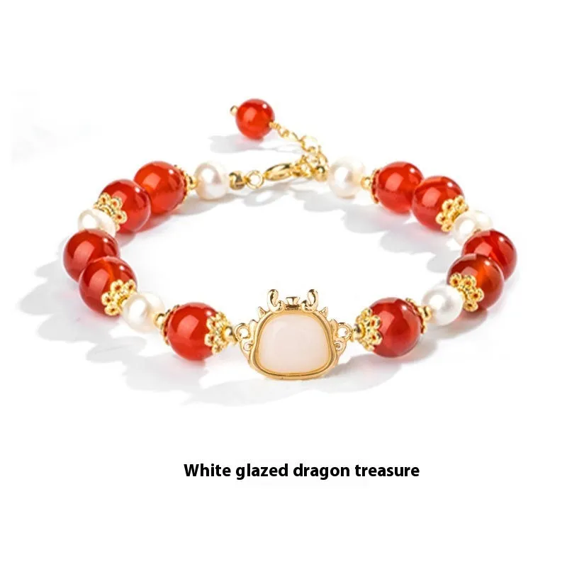 Xiao Hong rope bracelet for women with agate diamond beads and dragon motif, electroplated finish, Chinese style