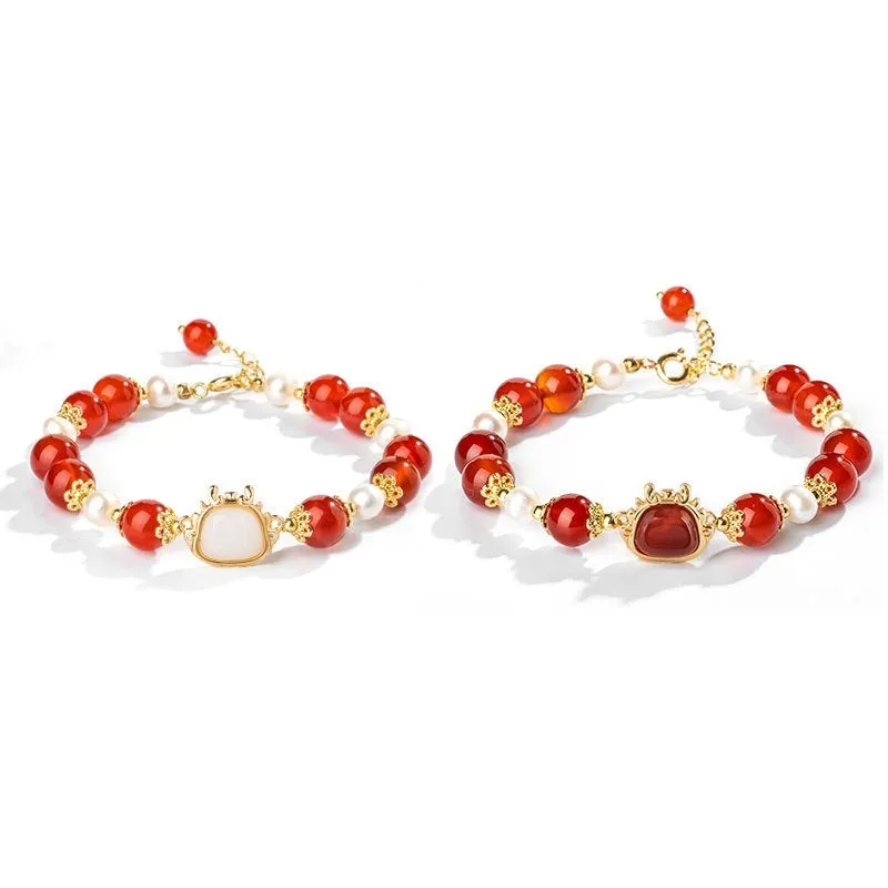 Xiao Hong rope bracelet for women with agate diamond beads and dragon motif, electroplated finish, Chinese style