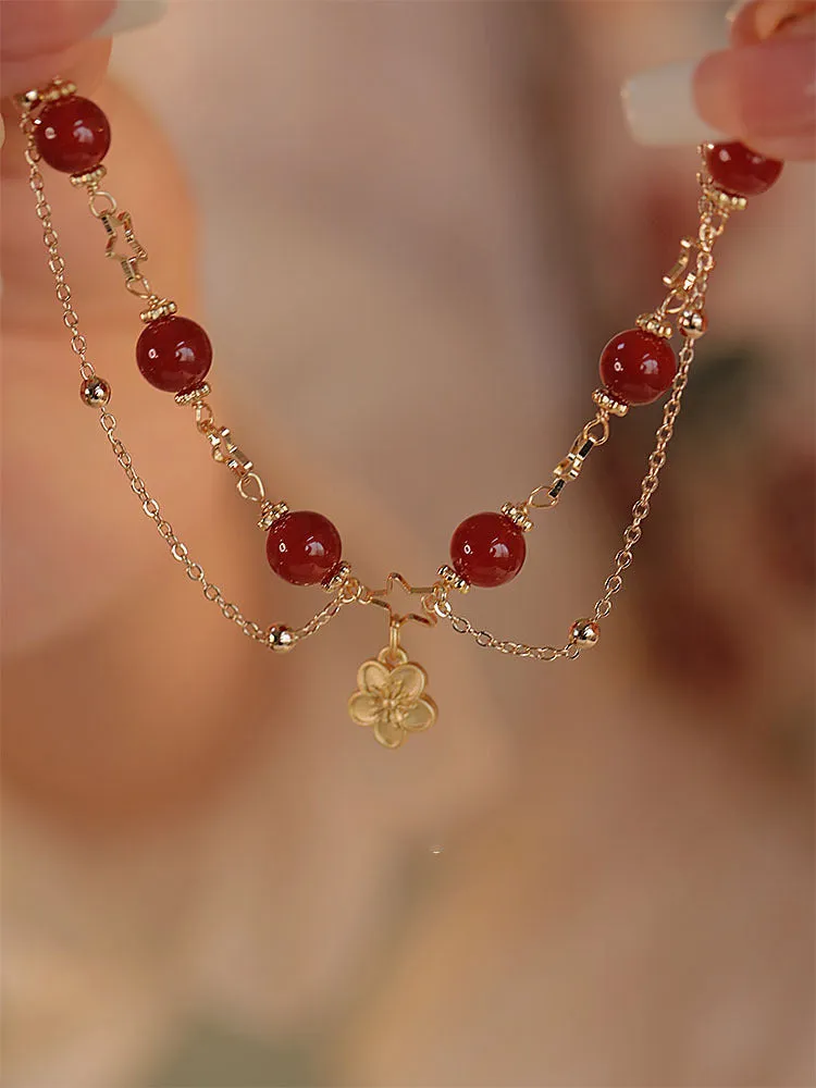 Women's red agate double layer bracelet with floral peach blossom ethnic designs
