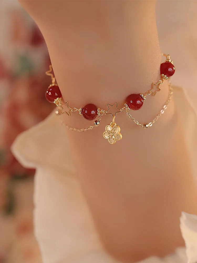 Women's red agate double layer bracelet with floral peach blossom ethnic designs