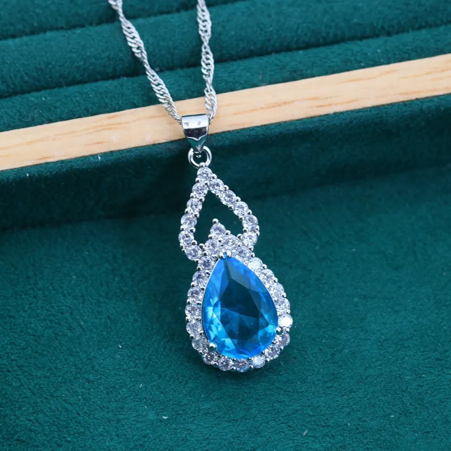 Copper inlaid zircon water drop jewellery set with earring ring necklace in electroplated finish