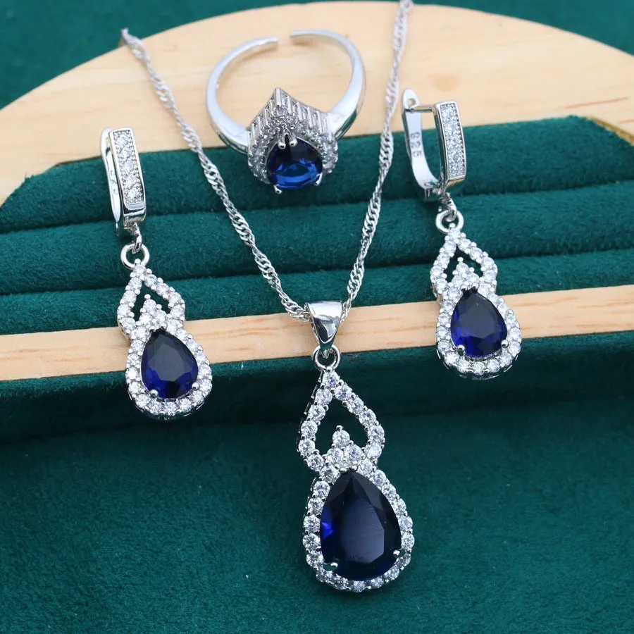 Copper inlaid zircon water drop jewellery set with earring ring necklace in electroplated finish