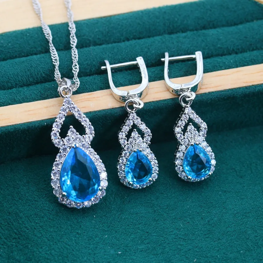 Copper inlaid zircon water drop jewellery set with earring ring necklace in electroplated finish