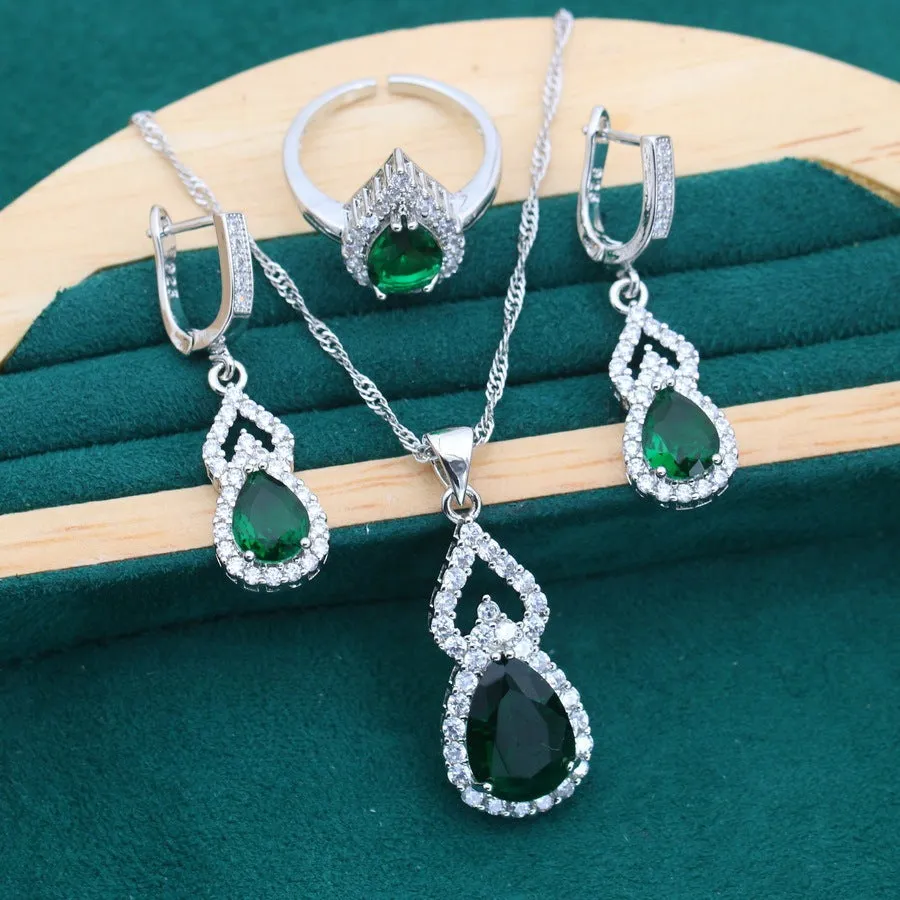 Copper inlaid zircon water drop jewellery set with earring ring necklace in electroplated finish
